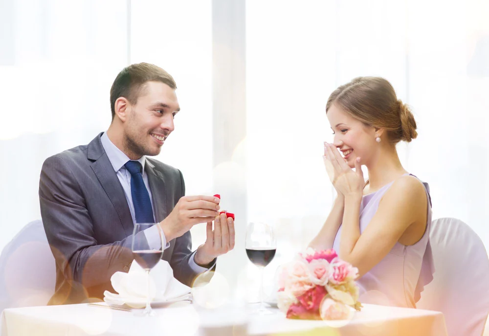 Adult couple celebrating a romantic dinner proposal